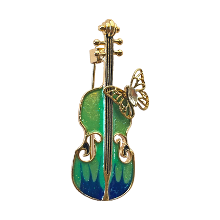 Emerald and sapphire enamel violin brooch with gold-tone details and a crystal butterfly by Divalya.