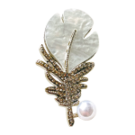 Iridescent shell leaf brooch with crystal feather and pearl accent in gold-tone finish, by Divalya.