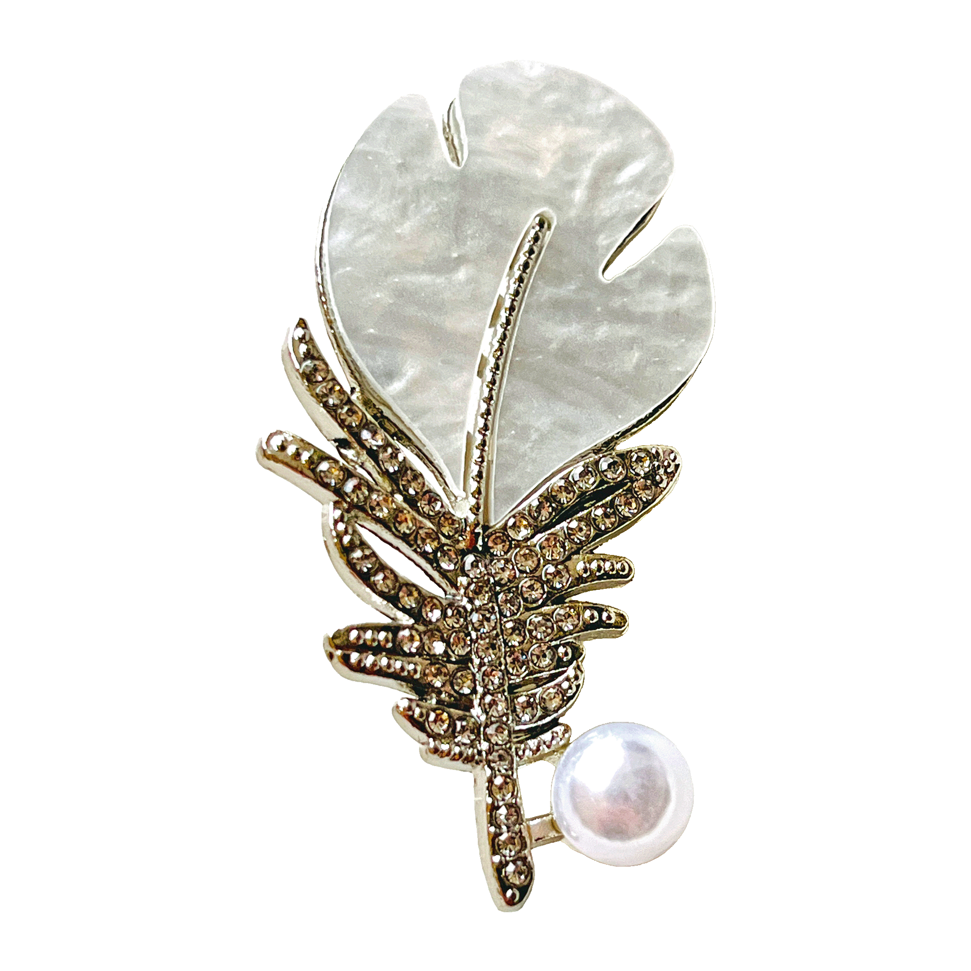 br84-iridescent-shell-leaf-crystal-feather-pearl-brooch-2000x2000 Iridescent shell leaf brooch with crystal feather and pearl accent in gold-tone finish, by Divalya.