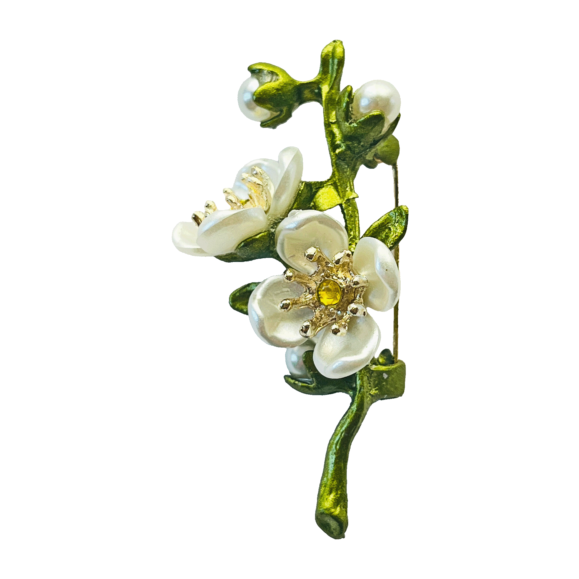 br85-jasmine-blossom-branch-brooch-pearls-crystal-2000x2000 Green jasmine flower branch brooch with white petals, pearl accents, and a yellow crystal center by Divalya.