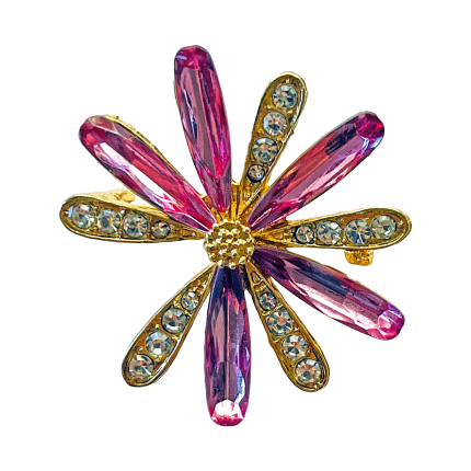 Gold-tone daisy brooch with pink marquise crystals and clear rhinestone accents by Divalya.