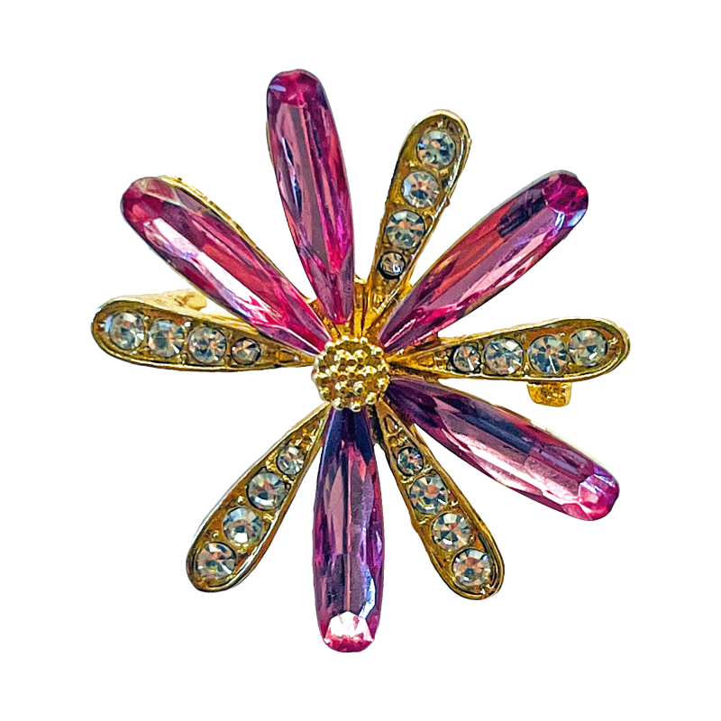 Gold-tone daisy brooch with pink marquise crystals and clear rhinestone accents by Divalya.