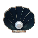 Black seashell brooch with pearl center and crystal rim by Divalya.