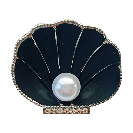 Black seashell brooch with pearl center and crystal rim by Divalya.