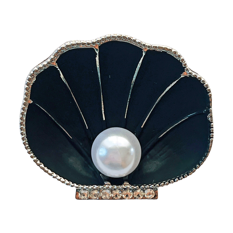 Black seashell brooch with pearl center and crystal rim by Divalya.