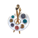White artist palette brooch with golden brush and colorful crystals – Divalya jewelry