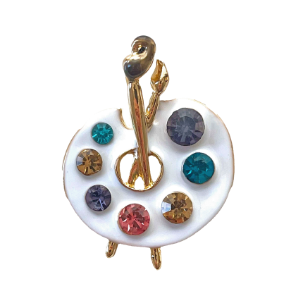 White artist palette brooch with golden brush and colorful crystals – Divalya jewelry