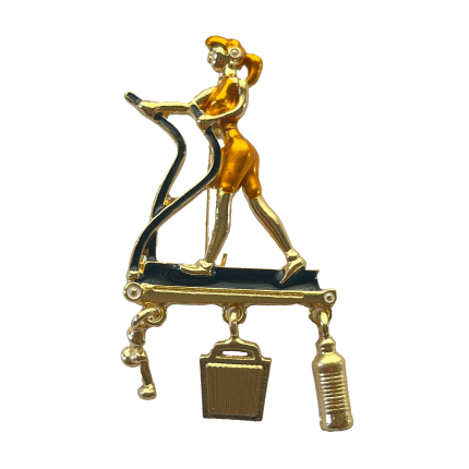 Treadmill walking fitness lady brooch with dangling dumbbell, bag and water bottle charms – Divalya jewelry