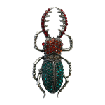 Crystal stag beetle brooch with antique silver metal and red, orange and emerald stones – Divalya jewelry