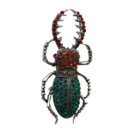 Crystal stag beetle brooch with antique silver metal and red, orange and emerald stones – Divalya jewelry
