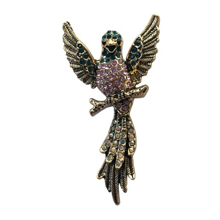 Jeweled bird brooch with outstretched wings and teal, lilac and iridescent crystals – Divalya jewelry