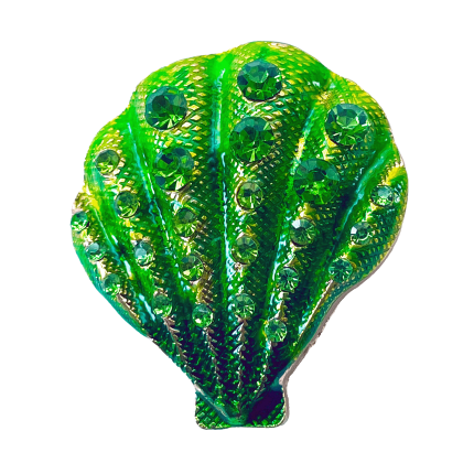 Green seashell brooch with textured enamel and sparkling green crystals – Divalya jewelry