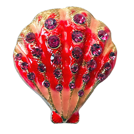 Pink seashell brooch with coral enamel and sparkling pink crystals on gold-tone base – Divalya jewelry