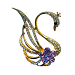 Gold swan brooch with clear crystals and lavender flower – Divalya jewelry