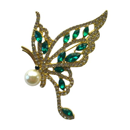 Gold butterfly brooch with emerald green crystals and pearl accent – Divalya jewelry
