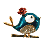 Whimsical blue bird brooch with red flower and crystal belly – Divalya jewelry