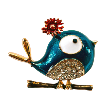 Whimsical blue bird brooch with red flower and crystal belly – Divalya jewelry