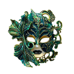 Teal and gold Venetian mask brooch with ornate filigree and leaf details – Divalya jewelry