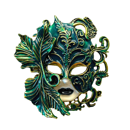Teal and gold Venetian mask brooch with ornate filigree and leaf details – Divalya jewelry