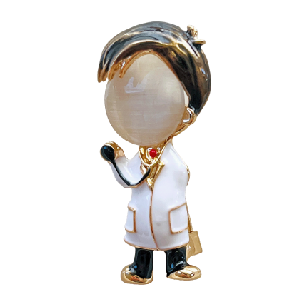 Cute doctor brooch with white coat, dark hair and stethoscope – Divalya jewelry