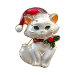White Christmas cat brooch with red Santa hat and holly bow – Divalya jewelry