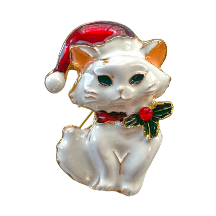 White Christmas cat brooch with red Santa hat and holly bow – Divalya jewelry