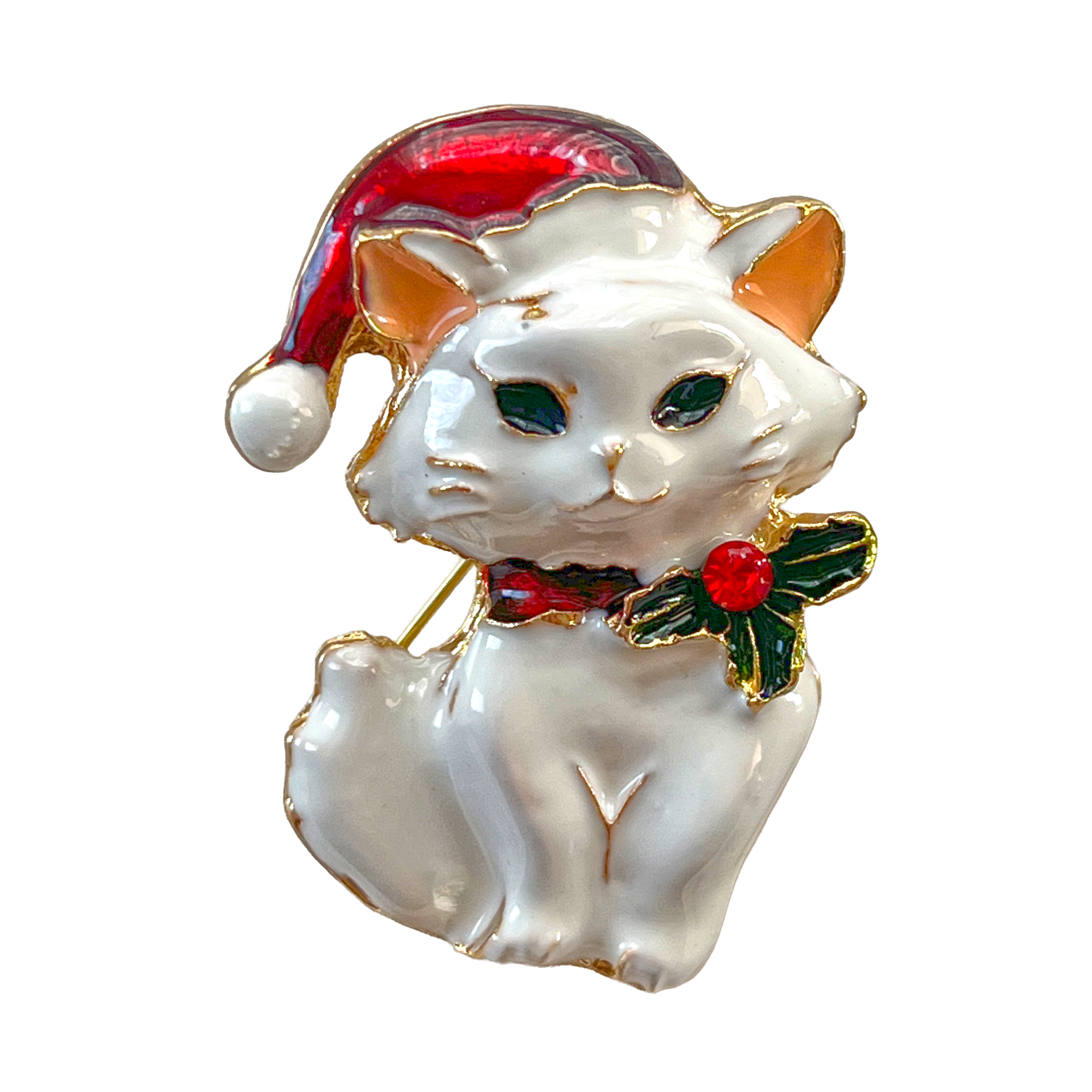 divalya-BR239-white-cat-santa-hat-holly-bow-brooch-2000x2000 White Christmas cat brooch with red Santa hat and holly bow – Divalya jewelry
