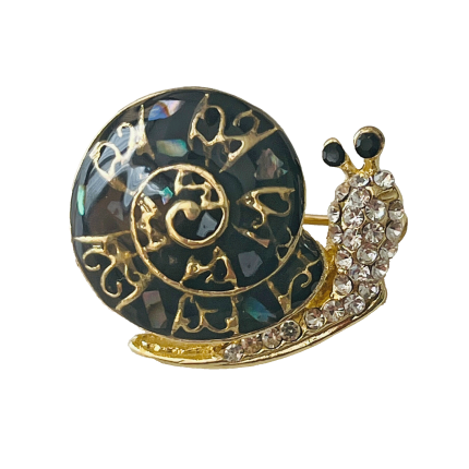 Black snail brooch with gold heart pattern, iridescent shell and clear crystals – Divalya jewelry