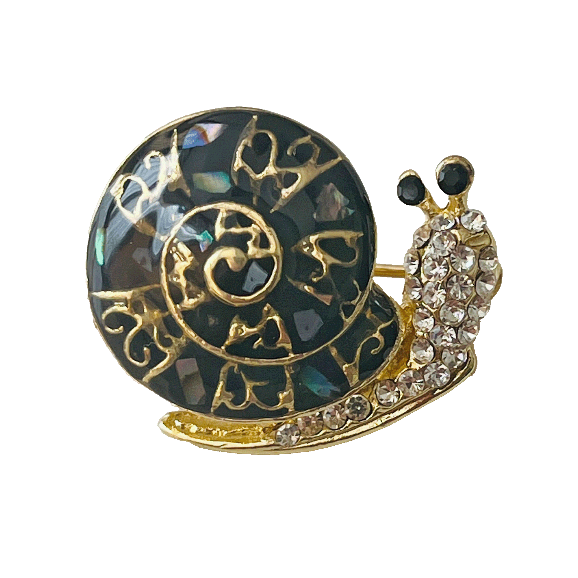 divalya-BR24-black-snail-crystal-shell-gold-details-brooch-2000x2000 Black snail brooch with gold heart pattern, iridescent shell and clear crystals – Divalya jewelry