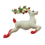 Leaping white Christmas reindeer brooch with red hooves and jeweled antlers – Divalya jewelry