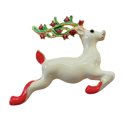 Leaping white Christmas reindeer brooch with red hooves and jeweled antlers – Divalya jewelry