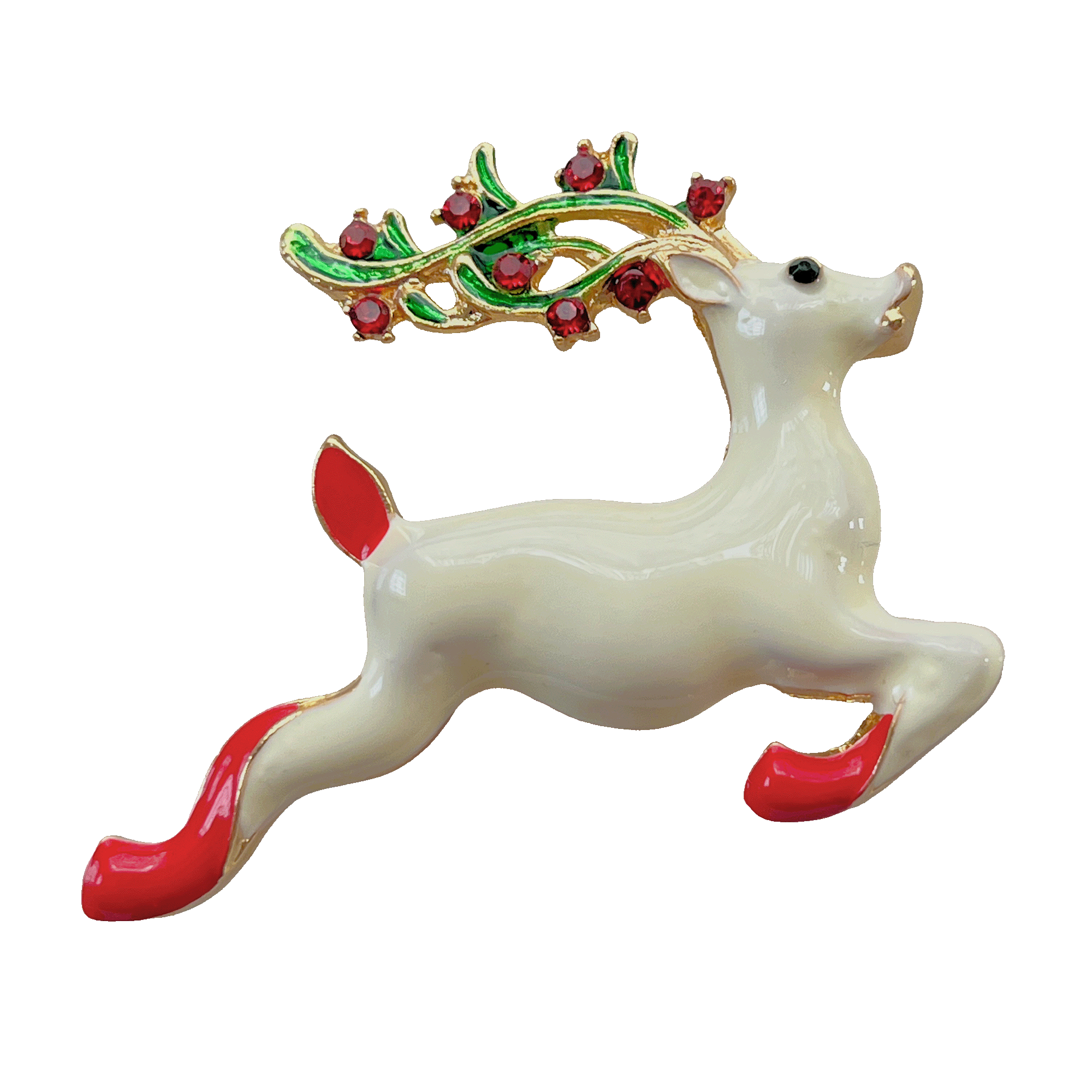 divalya-BR243-leaping-white-reindeer-red-hooves-jeweled-antlers-brooch Leaping white Christmas reindeer brooch with red hooves and jeweled antlers – Divalya jewelry