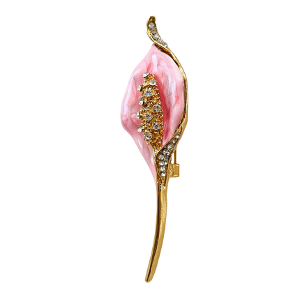 Pink calla lily brooch with gold stem and crystal accents – Divalya jewelry