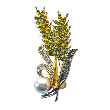 Golden wheat brooch with yellow crystals and pearl accent – Divalya jewelry