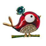 Red whimsical bird brooch with big eye, teal flower and crystal belly on green branch – Divalya jewelry