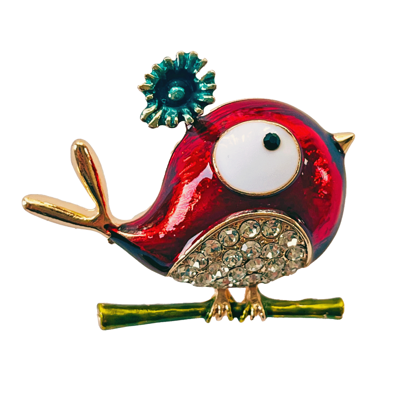 Red whimsical bird brooch with big eye, teal flower and crystal belly on green branch – Divalya jewelry