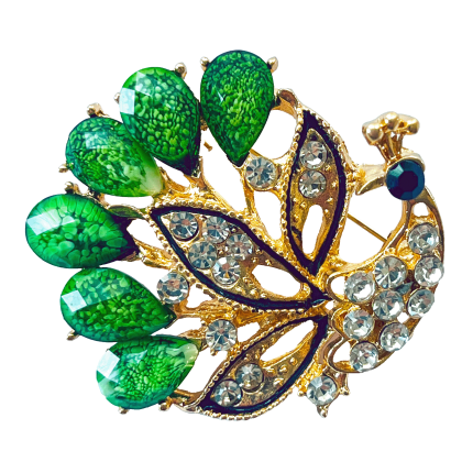Green peacock brooch with emerald teardrop stones and clear crystals on gold-tone base – Divalya jewelry