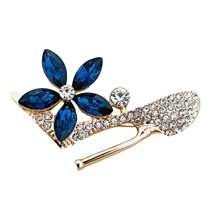 Gold high heel brooch with blue crystal flower and rhinestones – Divalya jewelry