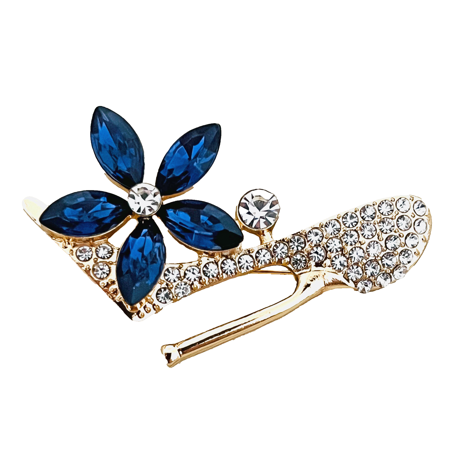 divalya-BR30-midnight-bloom-high-heel-flower-brooch-2000x2000 Gold high heel brooch with blue crystal flower and rhinestones – Divalya jewelry
