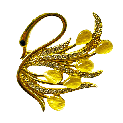 Golden swan brooch with yellow opal teardrop stones and crystal accents – Divalya jewelry