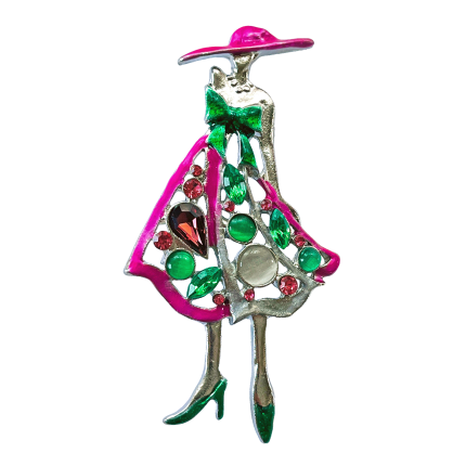 Vibrant fashion lady brooch with pink hat, green bow and colorful crystals – Divalya jewelry