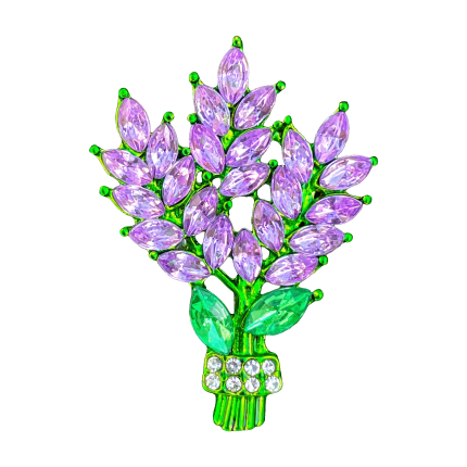 Lavender bouquet brooch with purple marquise crystals and green leaves – Divalya jewelry