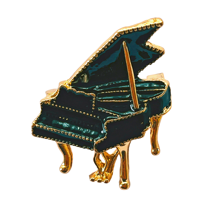 Black grand piano brooch with gold trim and crystal details – Divalya jewelry