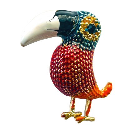 Colorful toucan brooch with white beak and red crystal body – Divalya jewelry