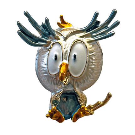 Playful surprised silver owl brooch with teal brows and golden beak – Divalya jewelry