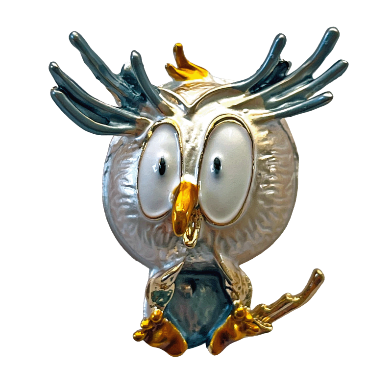 Playful surprised silver owl brooch with teal brows and golden beak – Divalya jewelry