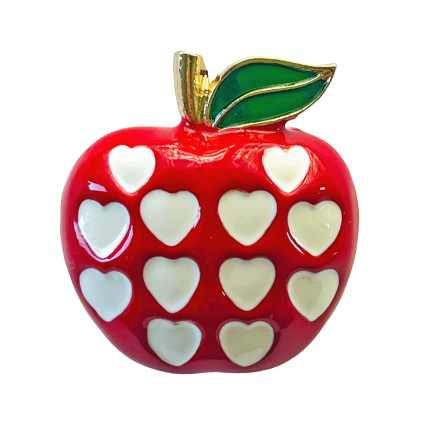 Red apple brooch with white hearts and green leaf – Divalya jewelry