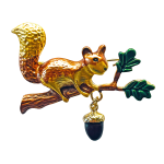 Golden squirrel brooch on branch with green oak leaves and dangling acorn – Divalya jewelry