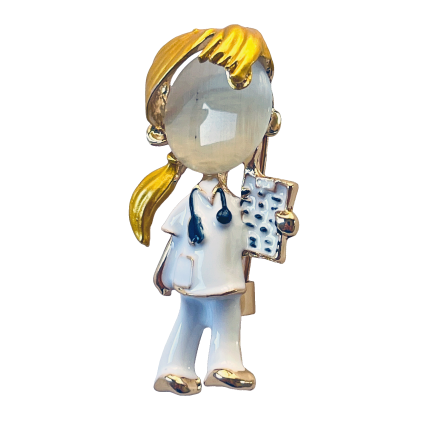 Blonde woman doctor brooch with white coat, stethoscope and clipboard – Divalya jewelry