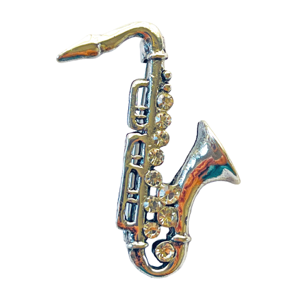 Silver saxophone brooch with clear rhinestones – Divalya jewelry